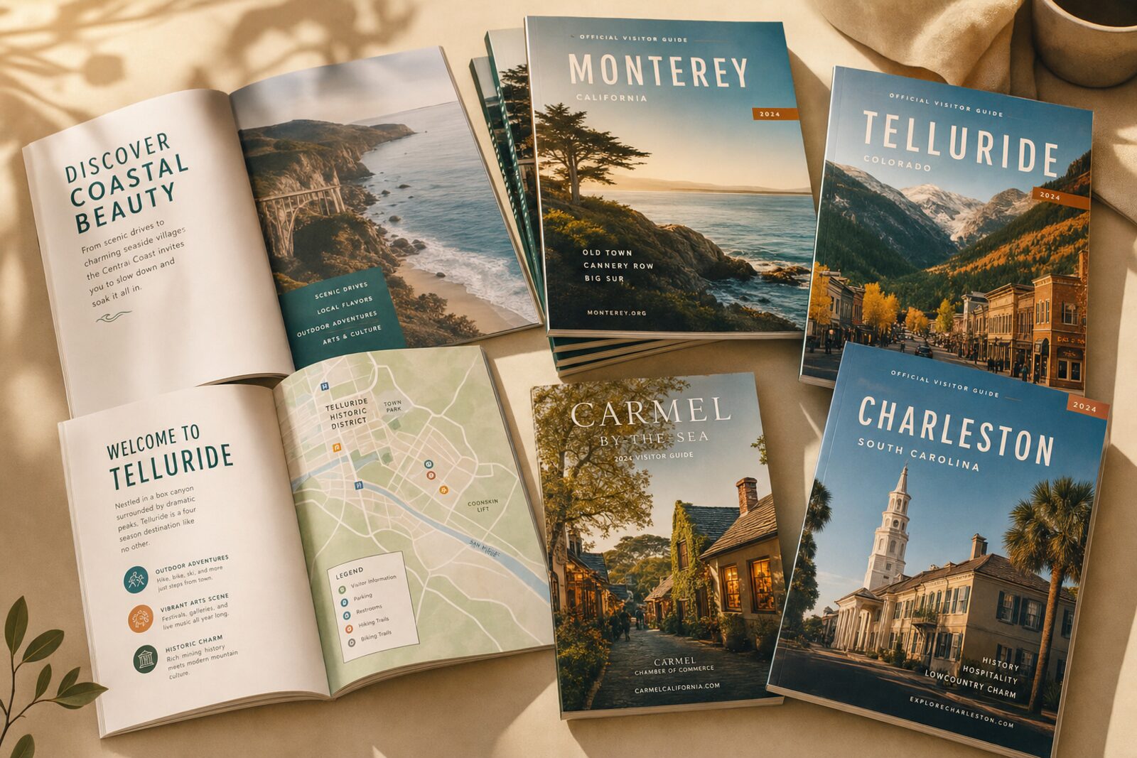 Assorted visitor guides with scenic destination covers arranged on a surface